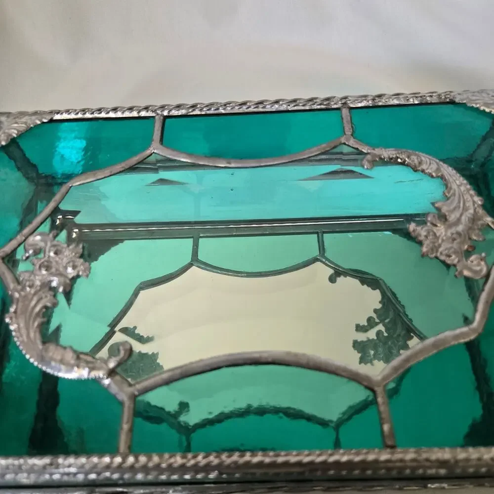 Teal Green Stained Glass Mirrored Jewelry Box Trinket Box Beveled and Waterglass